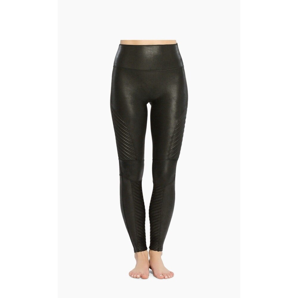 SPANX 'MOTO' BLACK FAUX LEATHER LEGGINGS WITH RIBBED SIDE PANELS - SIZE Small